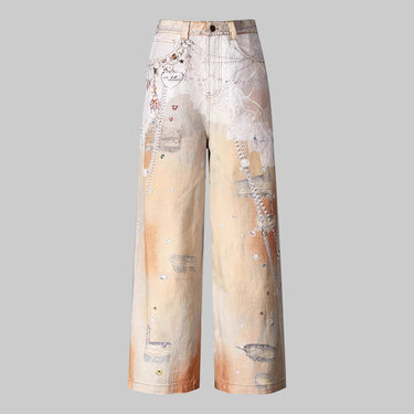 Retro Chain Printed Orange Jeans Women Summer Dopamine Wear Loose Fitting Wide Leg Trousers